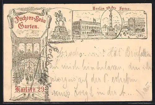 Vorläufer-Lithographie Ganzsache Frech unbekannt: Berlin, 1891, Gasthaus Pschorr-Bräu-Garten, Karlstrasse 29, Siegessäule
