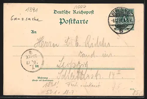 Vorläufer-Lithographie Ganzsache Frech unbekannt: Berlin, 1891, Gasthaus Pschorr-Bräu-Garten, Karlstrasse 29, Siegessäule