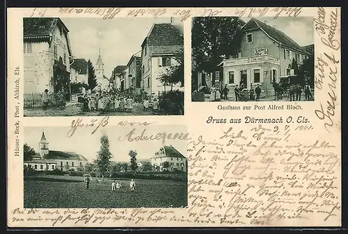 AK Dürmenach /O.-Els., Gasthaus zur Post, Kirche, Strassenpartie