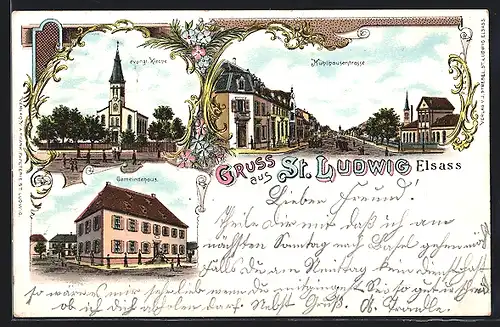 Lithographie St. Ludwig, Mühlhauserstrasse, evangl. Kirche, Gemeindehaus