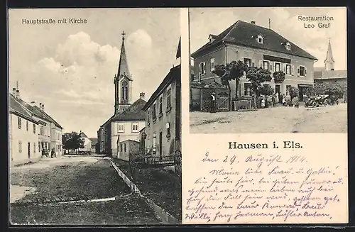 AK Hausen i. Els., Hauptstrasse mit Kirche, Restauration Leo Graf
