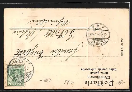 Präge-AK Pfaffenhofen i. Els., Teilansicht, Zwerg mit Pilz und Kuvert, Passepartout