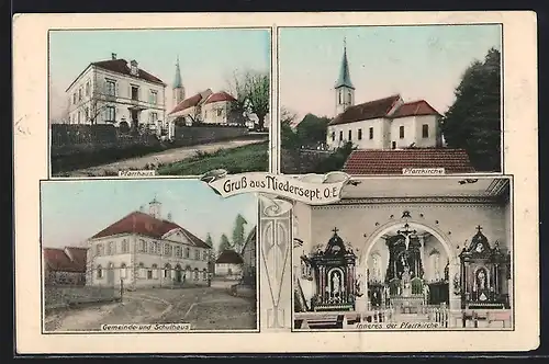 AK Niedersept /O.-E., Pfarrkirche, Gemeinde- und Schulhaus, Pfarrhaus