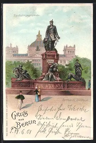 Lithographie Berlin-Tiergarten, Bismarckdenkmal und Reichstagsgebäude