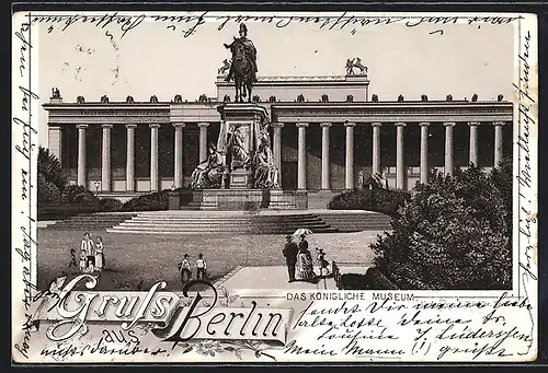 Lithographie Berlin, Das königliche Museum mit Denkmal