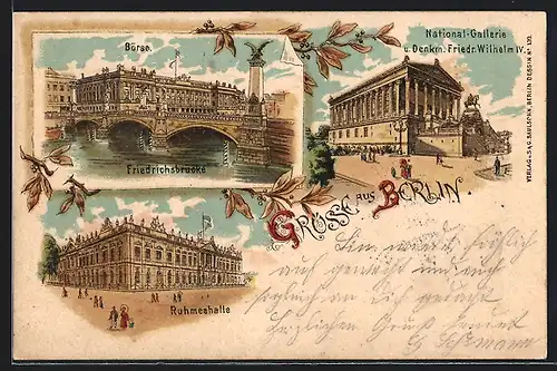 Lithographie Berlin, Ruhmeshalle, National-Gallerie und Denkm. Friedr. Wilhelm IV