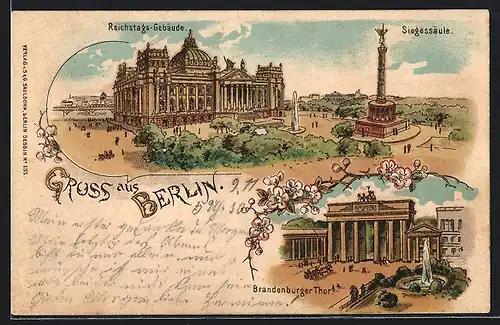 Lithographie Berlin, Reichstags-Gebäude, Siegessäule, Brandenburger Thor