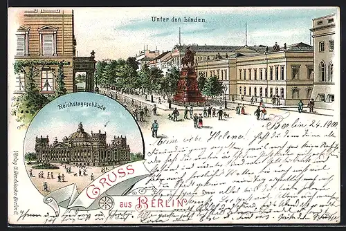 Lithographie Berlin, Partie Unter den Linden, Reichstagsgebäude
