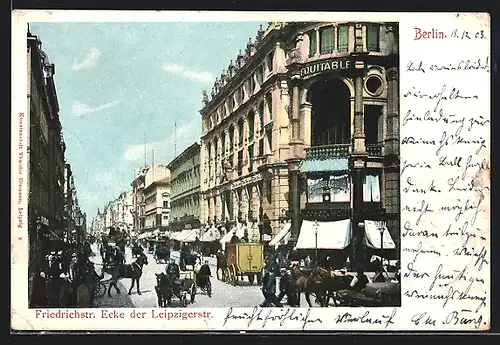 AK Berlin, Friedrichstrasse Ecke Leipzigerstrasse mit Geschäften, Pferdekutsche