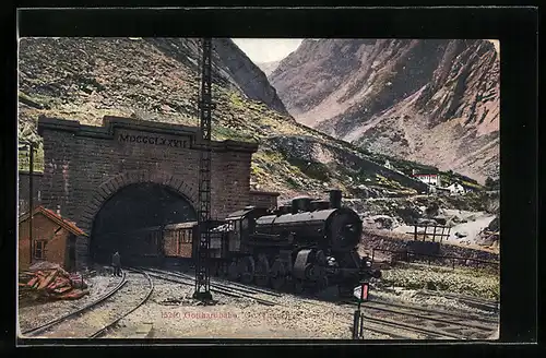 AK Gotthardbahn verlässt einen Tunnel, schweizer Eisenbahn