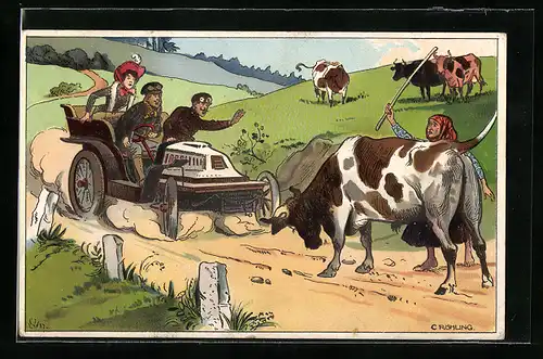 Künstler-AK Kuh versperrt einem Auto den Weg
