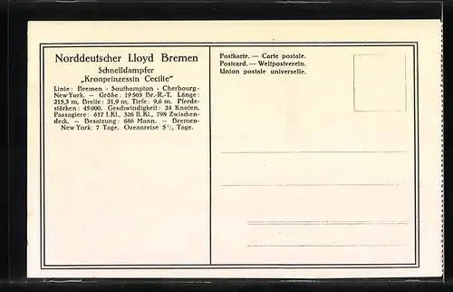 AK Schnelldampfer Kronprinzessin Cecilie des Norddeutschen Lloyd