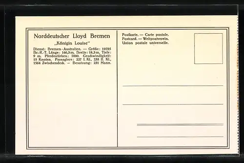 AK Doppelschrauben-Salondampfer Königin Louise des Norddeutschen Lloyd