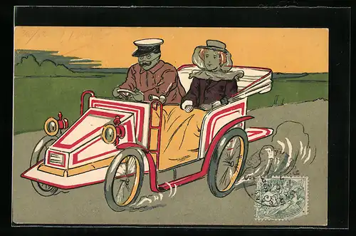 Künstler-AK Dame mit Chauffeur in einem offenen Auto