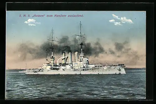 AK Kriegsschiff S. M. S. Hessen zum Manöver auslaufen