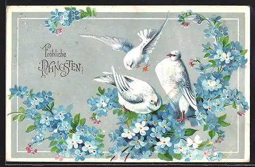 AK Weisse Tauben auf blauen Blumen, Pfingstgruss