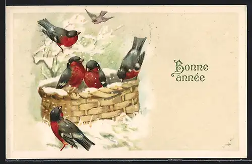 AK Rotkehlchen mit Korb im Schnee
