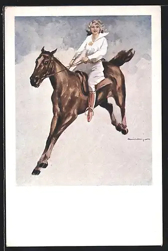 Künstler-AK Reiterin auf ihrem Pferd im Sprung