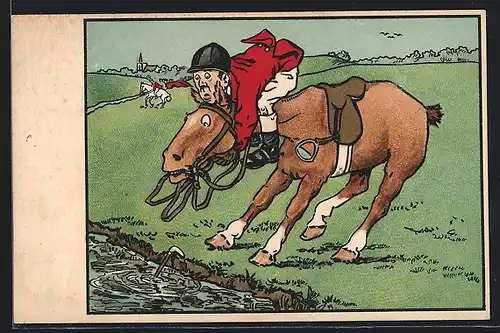 AK Reiter auf scheuendem Pferd vor einem Wassergraben