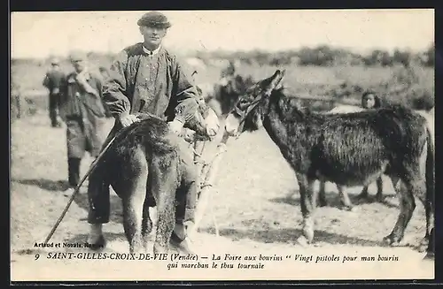 AK Saint-Gilles-Croix-de-Viem La Foire aux bourins, Mann reitet verkehrt herum auf einem Esel