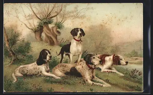 Lithographie Jagdhunde in urtümlicher Landschaft