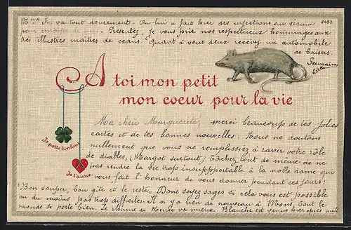 AK Maus und Glücksbringer, Grusskarte