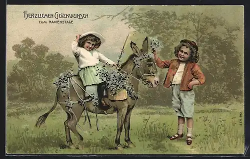 AK Kinderpaar mit Blumenkörben und einem Maultier