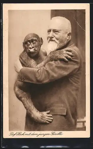 AK Berlin, Zoo, Prof. Heck mit jungem Gorilla