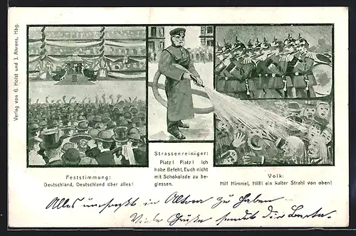 AK Strassenreiniger spritzt mit dem Wasserschlauch eine Menschenmenge nass, Militärmusiker