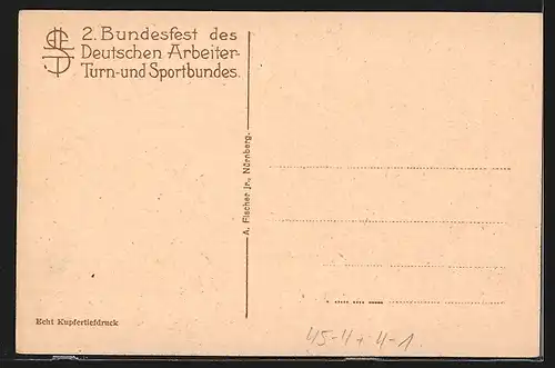 AK Nürnberg, 2. Bundesfest des Deutschen Arbeiter- Turn- und Sportbundes, Uferpartie mit Fachwerkhaus, Arbeiterbewegung