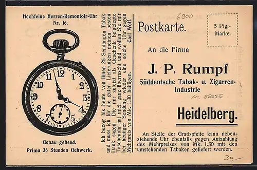 Künstler-AK Heidelberg, J. P. Rumpf Süddeutsche Tabak- und Zigarren-Industrie, Herren-Remontoir-Uhr