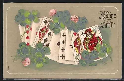 AK Neujahrsgruss, Kartenspiel mit Klee umgeben