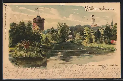 Lithographie Wilhelmshaven, Parkpartie mit Wasserturm