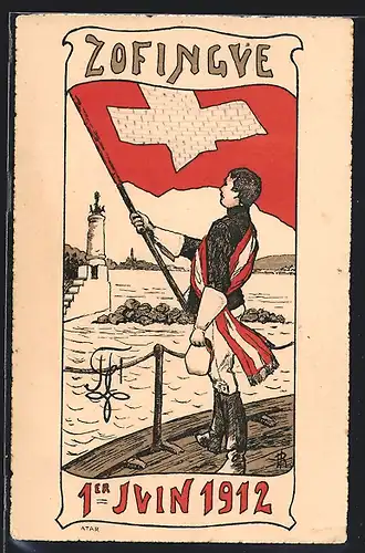 Künstler-AK Geneve, Zofingue 1912, Student mit Fahne am Fluss