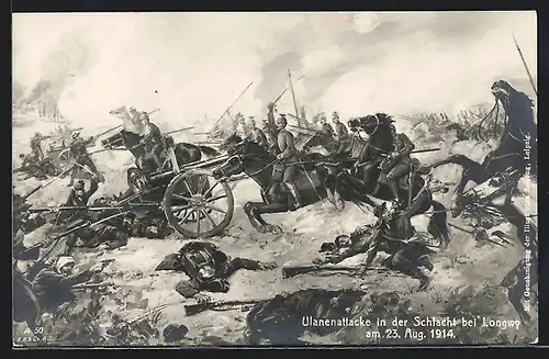 Künstler-AK Longwy, Ulanenattacke in der Schlacht bei Longwy 1914