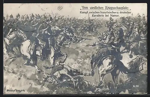 Künstler-AK Döbrich-Steglitz: Kampf zwischen französischer und deutscher Kavallerie bei Namur