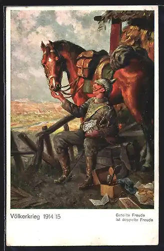 Künstler-AK Soldat der Kavallerie füttert sein Pferd
