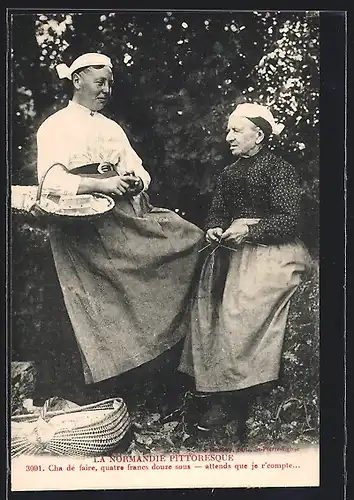 AK Normandie, Ältere Dame beim Stricken und Frau