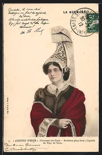 AK Chaudebec-en-Caux, Frau in Tracht der Normandie