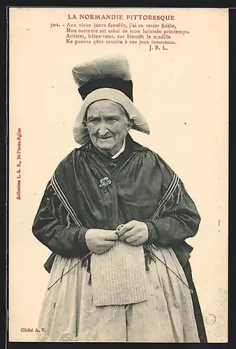 AK Normandie, Ältere Frau beim Stricken