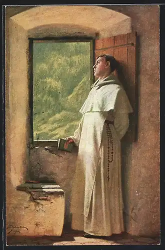 Künstler-AK Ein Sonnenstrahl, Mönch steht am Fenster und geniesst den Sonnenschein