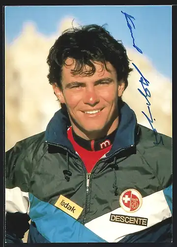 AK Skisportler Karl Alpiger, Portrait, Autograph