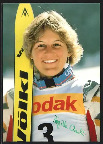 AK Skisportlerin Brigitte Oertli, Portrait, Autograph