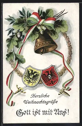 AK Glocke am Kranz mit Eichenlaub und Wappen, Herliche Weihnachtsgrüsse