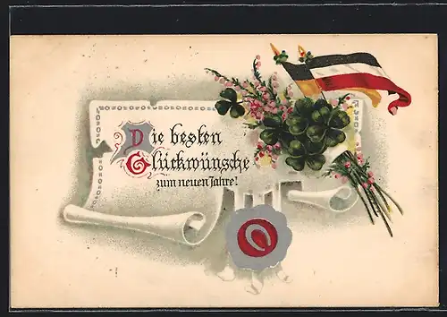 AK Kriegsneujahr, Neujahrsglückwünsche mit den Farben des Zweibunds und Kleeblättern