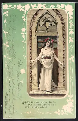 Präge-AK Schöne Frau vor einer verschlossenen Tür, Jugendstil