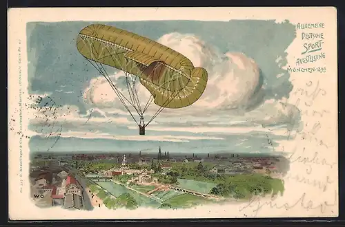 Lithographie München, Allgemeine Deutsche Sport-Ausstellung 1899, Teilansicht mit Fesselballon