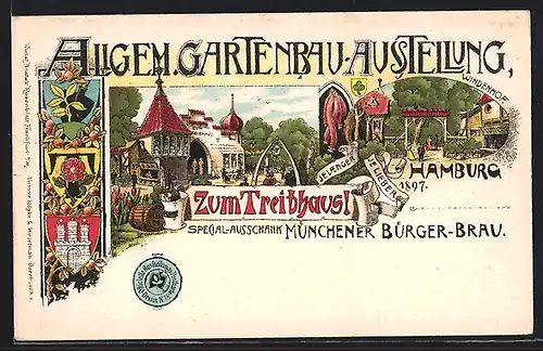 Lithographie Hamburg, Allgemeine Gartenbau-Ausstellung 1897, Zum Treibhaus