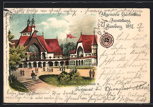 Lithographie Hamburg, Allgemeine Gartenbau-Ausstellung 1897, Restaurant und Ausstellungsgebäude