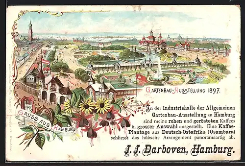 Lithographie Hamburg, Gartenbau-Ausstellung 1897, Blick über das gesamte Ausstellungsgebiet